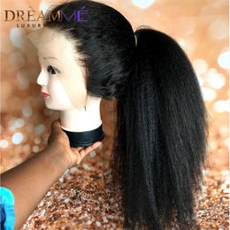 180 Density Yaki Synthetic Lace front Wig for Black Women Long Kinky Straight Wigs Heat Resistant Fibre Hair