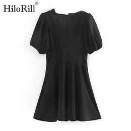 Women Lace Patchwork Black Mini Dresses Summer Short Sleeve Solid Casual Female Sexy V Neck A Line Party 210508