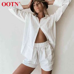 OOTN Cotton Casual Suit Long Sleeve Sets Blue Home Wear Solid Tops Female White Shorts Two Piece Sets Spring Summer 210721