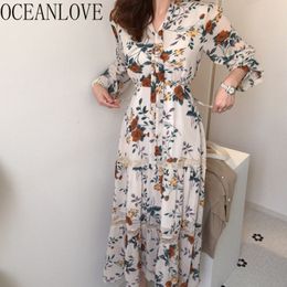 Spring OL Elegant Long Dresses Print Floral Vestidos Chic Korean Retro Lace Patchwork Dress Women 15502 210415