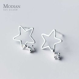 Zircon Lovely Hollow Out Simple Star 925 Sterling Silver Stud Earring for Women Korea Style Fine Jewellery Bijoux 210707