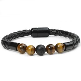 Fashion Men Jewellery Natural Tiger Eye Beads Strands Leather Bracelet with Magnetic Buckle