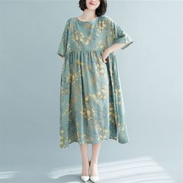 Oversized Women Cotton Linen Casual Dress New Arrival Summer Vintage Style Floral Print Loose Female Long Dresses S3780 210412