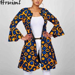 Vintage Dress Women Print Flare Sleeve O Neck Zipper Midi Autumn Winter High Waist Female Long African Style 210513