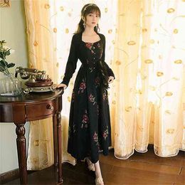 Full Sleeve Evening Party Night Dress Floral Embroidery Black Long Women Ankle-Length Vintage Jacquard 210603