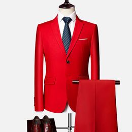 Solid Colour large size suit men's slim 2 piece set, fashion business casual suit men's clothing,banquet wedding groom dress X0909