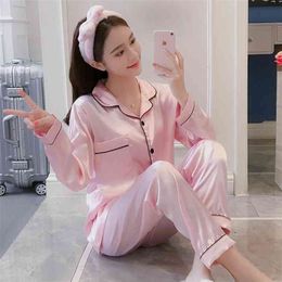 Pyjamas for Women Summer Silk Pyjamas Solid Sleepwear Satin Silk Pyjamas Plus Size Lingere Loungewear Sleep Tops Pyjamas 210924