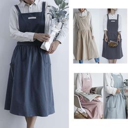 Women Apron Pleated Skirt Design Simple Cotton Uniform coverall Aprons two pocket Baking Cafe Shop BBQ apron Home Kitchen clothes RRF12712