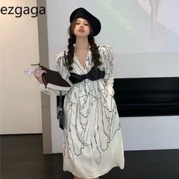 Rzgaga Korean Fashion Vintage Chic Women Dress Long Sleeve V-Neck Printed Design Loose with Leather Camisole Summer Vestido 210430
