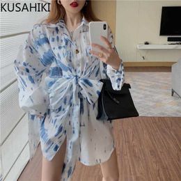 Korean Tie Dye Blouse Dress Bow Causal Women Dresses Long Sleeve Turn-down Collar Spring Vestidos 6G296 210603