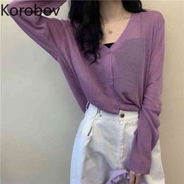 Korobov New Arrival Thin Women Knitted Cardigans Korean V Neck Long Sleeve Summer Sweaters Solid Casual Female Tops 210430