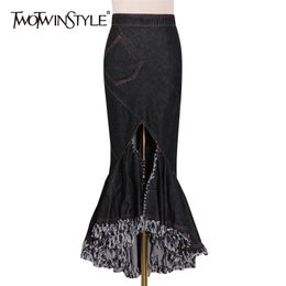 Asymmetrical Bodycon Denim Skirt For Women High Waist Patchwork Tassel Midi Skirts Female Fashion Clothing 210521