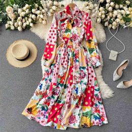 Women Fashion Spring Polka Dot Color Matching Printed A-line Dress Bow Neck Long Sleeve Elegant Vestido R897 210527