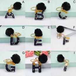 Black Pompom Letter Keychain English Alphabet Keyring Glitter Resin Cute Car Key Chains Rings Accessory Women Handbag Charms