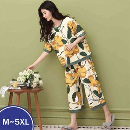 Large Size Short Suits 4XL 5XL Cotton Trousers for Female Homewear Ladies' Pyjamas Loose Home Clothes Set Sleepwear Summer 210809