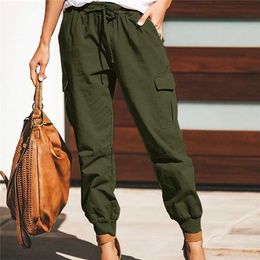 Women's Overalls Solid Color Spring Army Green Casual Bunch Of Foot Pocket Elastic Band Lace Up Tooling Pants Women's Pants 211105