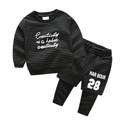 Autumn Spring 2 3 4 6 8 10 Years Cotton Black Striped Handsome Sweatshirt+Pants 2 Pieces Sports Set For Kids Baby Boys 210625
