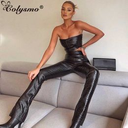 Colysmo Leather 2 Piece Pant Suits Black Strapless Backless Sexy Crop Top Slim Fit Split Pants Set Women Party Matching Sets 210527