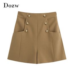 Summer Elegant Brown Colour Shorts Women Button Retro Shorts Female Baggy Pleated Office Wear Hotpants Spodenki Damskie 210414