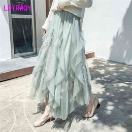 [LDYRWQY] Mesh Skirt Women Fall Winter Korean Colour Puff Long Ankle-Length Ball Gown Solid Casual 210416