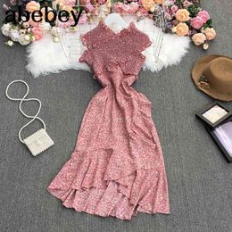 Irregular Ruffles Floral Dress Women Design Elastic Ruched Slash Neck A-line Dresses Summer Boho Print Beach Sundress 210715