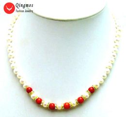 Qingmos Trendy Natural Pearl Chokers Necklace For Women With 6-7mm Red Coral & White 17" Fine Jewelry-5833