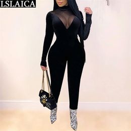 Jumpsuit Women Casual Sexy Mesh Stitching Perspective Slim Night Club Fashion Bodysuit Long Sleeve Bodys Para Mujer 210515