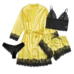3pcs Lace Pajama Set Sleeveless Trim Bowknot Pyjamas Sleep Short Set Lace Pijama Suit Sleepwear Women Sexy Nighties Yellow Suits Q0706