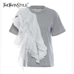 Casual Patchwork Ruffle Tops For Women O Neck Short Sleeve Hit Colour T Shirt Female Fashion Clothing Style 210524