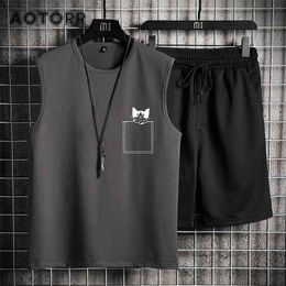 Summer Men Casual Sport Suit Quick Dry Jogger Shorts Set Vest + Shorts Sets Male Tracksuit Cotton Breathable Sportswears 3XL 4XL 210722