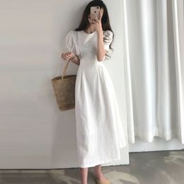 Women's summer dress, waist, thin temperament long skirt, French retro casual cotton and linen dress PL190 210506