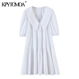 Women Sweet Fashion Embroidery Ruffled White Mini Dress Peter Pan Collar Puff Sleeve Female Dresses Mujer 210420