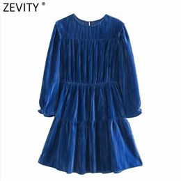 Women Fashion O Neck Solid Pleats Velvet Mini Dress Female Nine Quarter Sleeve Casual Slim A Line Vestido DS4796 210420