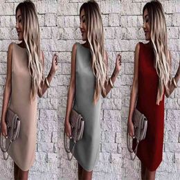 Summer Women's Solid Colour Round Neck Halter Dress Office Lady Fashion Sleeveless Backless Hollow Out Mini Oversized 210517