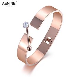 Aenine Original Design Cz Crystal Stainless Steel Cuff Bracelet Jewellery for Women Girls Classic Rose Gold Wedding Bangle Ab19008 Q0717