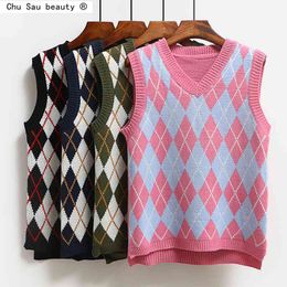 fall winter Korean vintage argyle V-neck knitted sweaters vests women tops loose short sleeveless sweater pullover students 210508