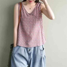 Summer Arts Style Women Sleeveless Loose Casual V-neck Tank Tops Vintage Print Cotton Linen Femme Top Quality M271 210512