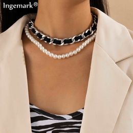 2Pcs/Set Vintage Black Flannel Chain Necklace Collares Punk Big Chunky Cuban Curb Pearl Beaded Necklaces for Women Neck Jewelry Y0528