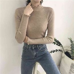 Autumn Black High Neck Slim Fit Inner Wear Long Sleeved Pullover Solid Colour Bottoming Sweater Blouse Female 210423