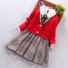 Autumn Winter Kids Girl Clothes Set Red Cardigan Sweater Coat And Long Sleeve Plaid White Dress 2 Piece Set Girls Clothing 210713
