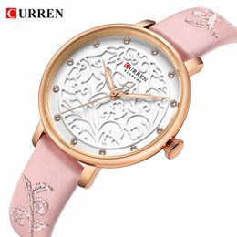 Top Brand Curren Women Watches Pink Leather Wristwatch with Rhinestone Ladies Clock Fashion Luxury Quartz Watch Relogio Feminino Q0524