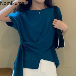 Nomikuma Summer Arrival O Neck Short Sleeve T Shirts Women Solid Colour Knot Design Irregular Tshirt Casual Fashion Tee 3b909 210514