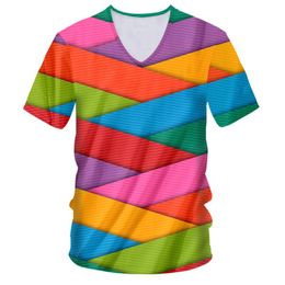 Men's T-Shirts IFPD EU Size Summer Shirt Men Casual T-shirt Cool Print Colourful Tilt Stripes 3D Man Hiphop Short Sleeve V-Neck Streetwear