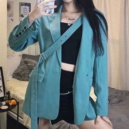 Streetwear Oversize Ladies Blue Blazer Women Suit Adjustable Ribbon Female Jacket Coat Autumn Notched Button Tops Outerwear 210415