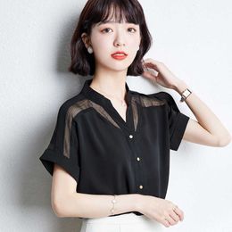 Korean Fashion Womens Tops and Blouses Chiffon Women Short Sleeve Office Lady White Shirts Plus Size XXL Ladies 210531