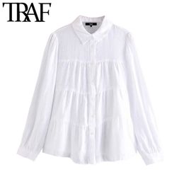 TRAF Women Fashion Button-up Pleated Linen Blouses Vintage Lapel Collar Long Sleeve Female Shirts Blusas Chic Tops 210415