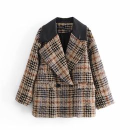 Causal Women Vintage Woollen Blazers Fashion Ladies Notched Collar Jackets Streetwear Female Chic Patchwork Plaid Outercoat 210427