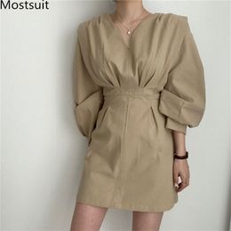 Spring Korean V-neck Mini Dress Women Full Sleeve High Waist A-line Dresses Vintage Fashion Female Vestidos Femme 210513