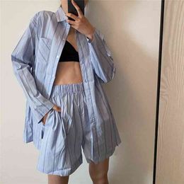 Casual Striped Tracksuits Woman Shorts Set Oversize Shirt High Waist Two Piece Female Clothes 210421