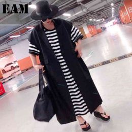 [EAM] Women Loose Fit Black Big Size Long Casual Vest Lapel Short Sleeve Fashion Spring Autumn 1DD6843 210512